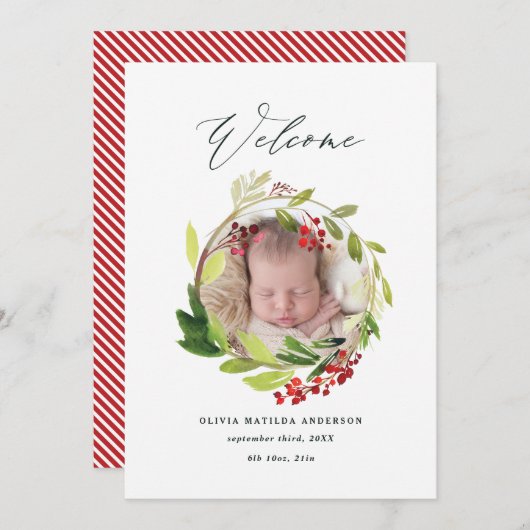 水彩画の冬のリースの誕生の発表 サンキューカード (正面/裏面)