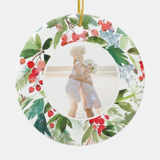 水彩画の冬の果実および緑の草木 セラミックオーナメント (正面)