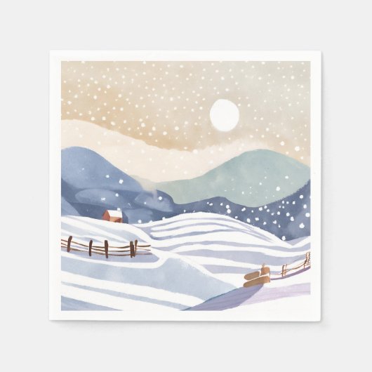 水彩画の冬の雪の丘 スタンダードカクテルナプキン (正面)