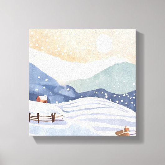 水彩画の冬の雪景色 キャンバスプリント (正面)