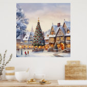 水彩画の冬の風景 クリスマス ヴィレッジ ポスター (キッチン)