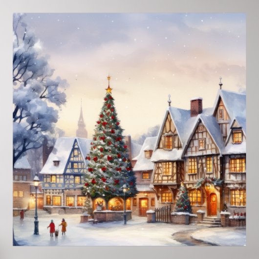 水彩画の冬の風景 クリスマス ヴィレッジ ポスター (正面)