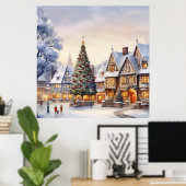 水彩画の冬の風景 クリスマス ヴィレッジ ポスター (ホームオフィス)
