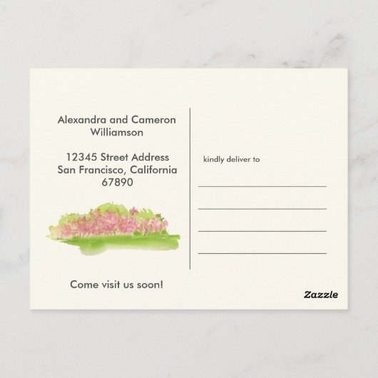 水彩画の別荘の花が新しい家に移動しました ポストカード (裏面)