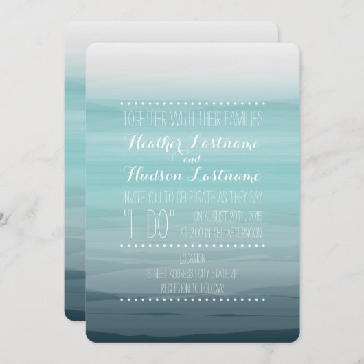 水彩画の刺激を受けたでグラデーションな結婚式-ティール(緑がかった色) 招待状 (正面/裏面)