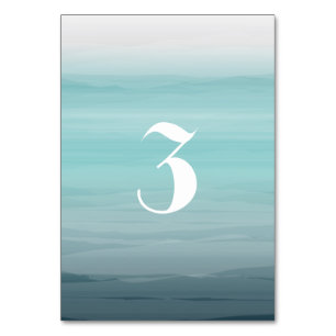 水彩画の刺激を受けたなティール（緑がかった色）のグラデーションな結婚式 テーブルナンバー