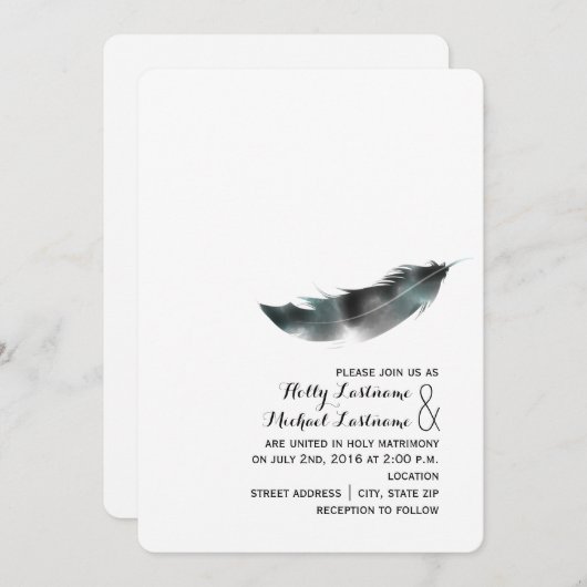 水彩画の刺激を受けたな羽の結婚式-黒 招待状 (正面/裏面)