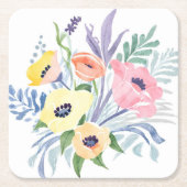 水彩画の可愛い花 春の花束 スクエアペーパーコースター (正面)