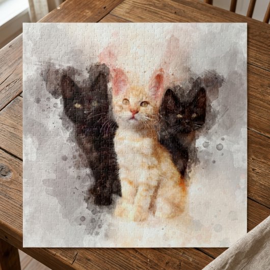 水彩画の可愛い黒猫とオレンジの子猫のトリオ ジグソーパズル