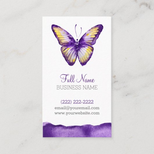 水彩画の名刺のデザイン、すみれ色の蝶 名刺 (正面)
