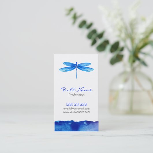 水彩画の名刺、青いトンボのモダン 名刺 (スタンド正面)