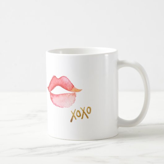 水彩画の唇及び金ゴールドホイルXOXO コーヒーマグカップ (右)