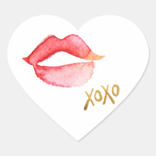 水彩画の唇及び金ゴールドホイルXOXO ハートシール