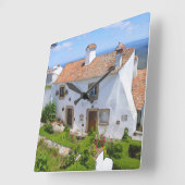 水彩画の地中海のな家 スクエア壁時計 (傾斜)