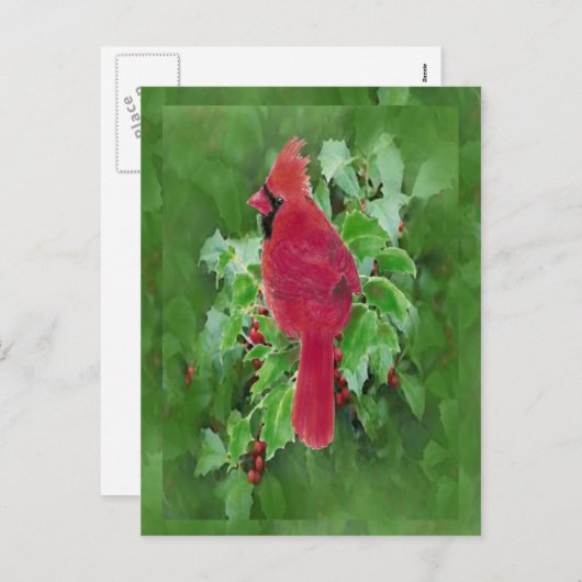 水彩画の基本的な鳥のヒイラギの果実のクリスマス シーズンポストカード (正面/裏面)