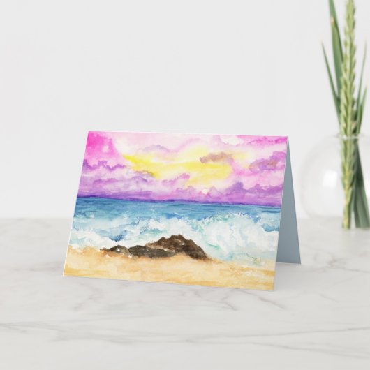 水彩画の夕焼けの波打ち際 カード (正面)