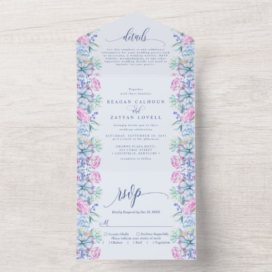 水彩画の多肉植物のボタニカルウェディング オールインワン招待状 (内側)