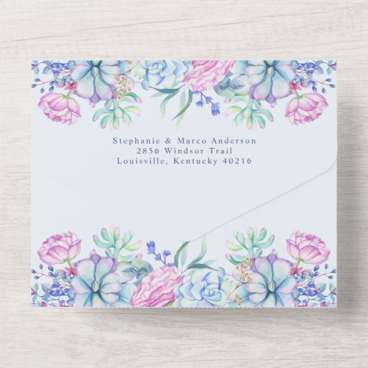 水彩画の多肉植物のボタニカルウェディング オールインワン招待状 (裏面)