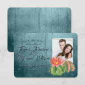 水彩画の多肉植物の写真 ティール セーブ・ザ・デート 招待状 (正面/裏面)