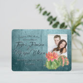 水彩画の多肉植物の写真 ティール セーブ・ザ・デート 招待状 (スタンド正面)