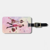 水彩画の女の子のパリかわいいピンクのエッフェル塔 ラゲッジタグ (正面横)