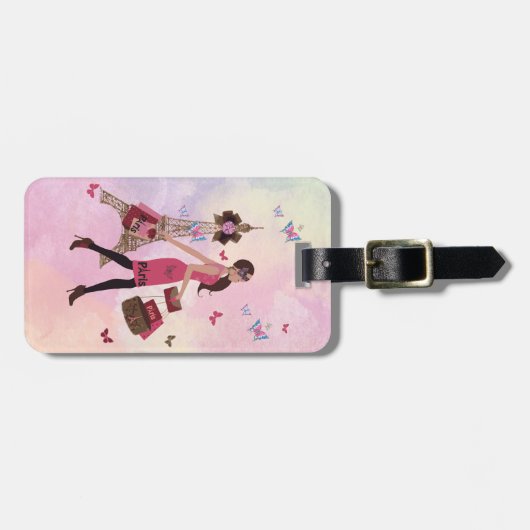 水彩画の女の子のパリかわいいピンクのエッフェル塔 ラゲッジタグ (正面横)