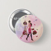 水彩画の女の子のパリかわいいピンクのエッフェル塔 缶バッジ (正面&裏面)