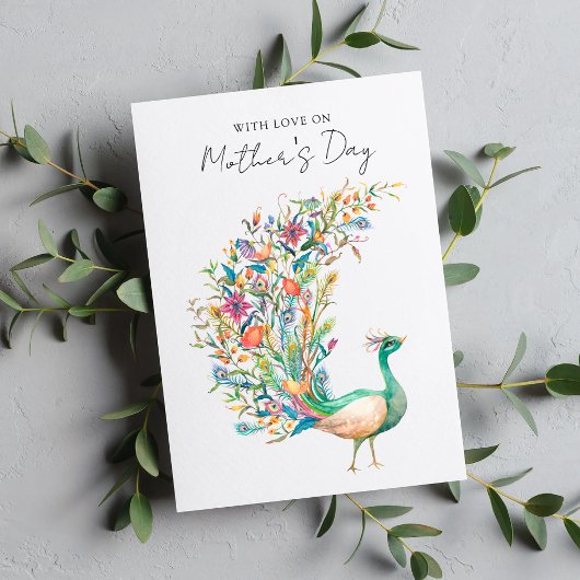 水彩画の孔雀と愛を込めて母の日に シーズンカード