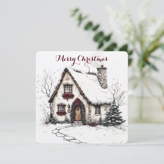 水彩画の家のカスタマイズできるクリスマスカード シーズンカード (スタンド正面)