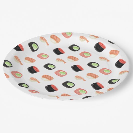 水彩画の寿司のパーティーのHibachiの寿司ロール ペーパープレート (アングル)