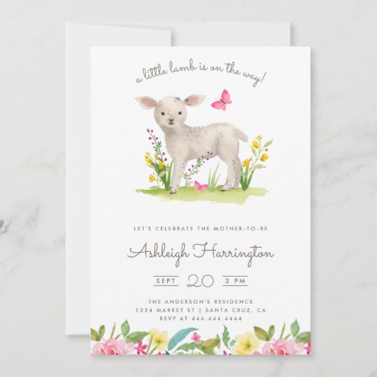 水彩画の小さい子ヒツジの春草原のベビーシャワー 招待状 (正面)