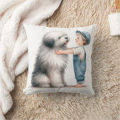 水彩画の少年と犬 クッション (ブランケット)