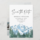 水彩画の山々と森林のウェディングフォト セーブザデート (正面/裏面)