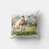 水彩画の山の谷の牛 クッション (正面)