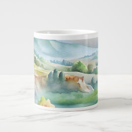 水彩画の山の風景 ジャンボコーヒーマグカップ