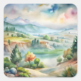 水彩画の山の風景 スクエアシール