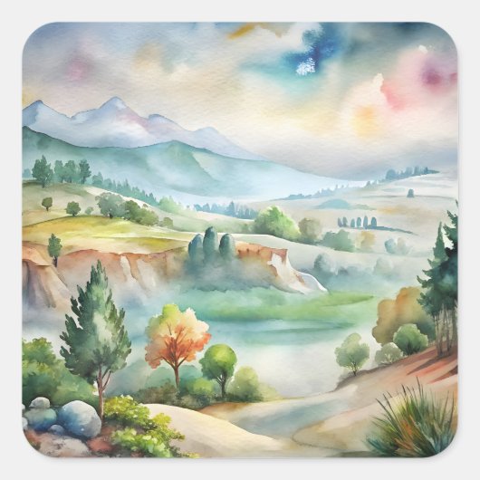 水彩画の山の風景 スクエアシール (正面)