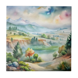 水彩画の山の風景 タイル