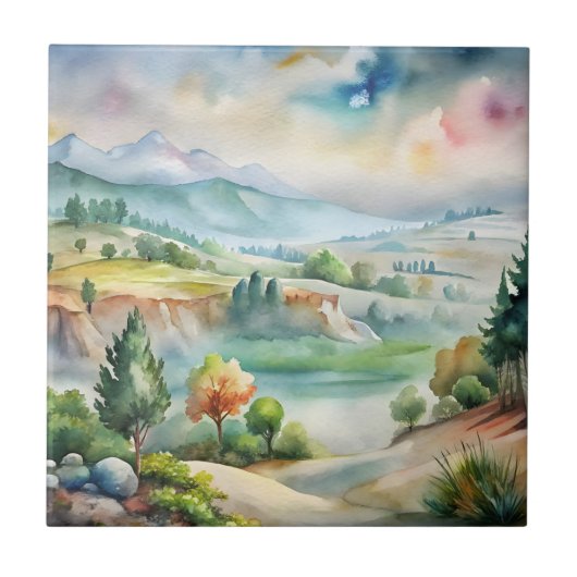 水彩画の山の風景 タイル (正面)