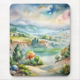 水彩画の山の風景 マウスパッド