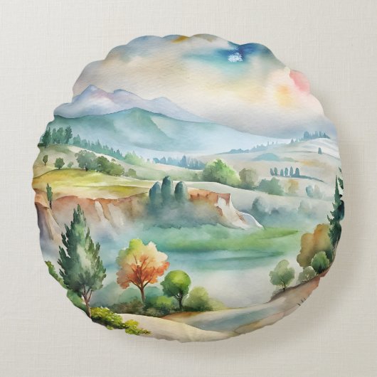 水彩画の山の風景 ラウンドクッション (正面)