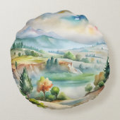 水彩画の山の風景 ラウンドクッション (裏面)