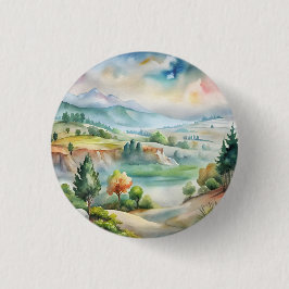 水彩画の山の風景 缶バッジ