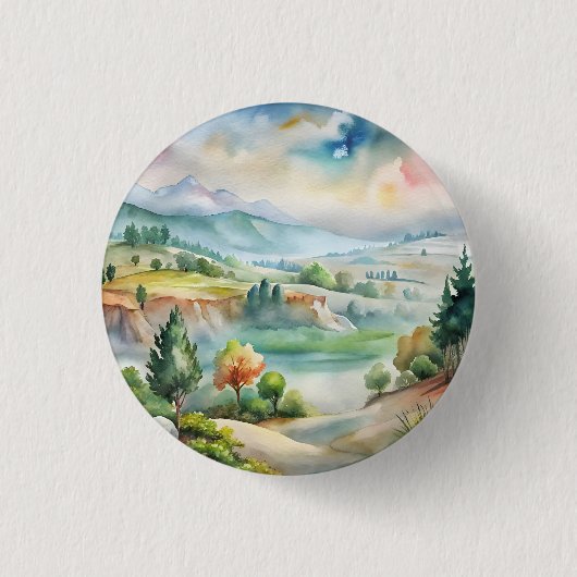 水彩画の山の風景 缶バッジ (正面)