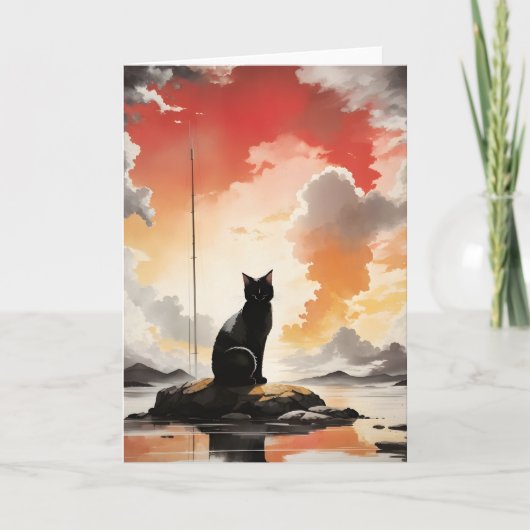 水彩画の岩の上の黒猫の肖像 空白 カード (正面)