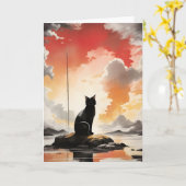 水彩画の岩の上の黒猫の肖像 空白 カード (黄色い花)