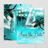 水彩画の帆船と木々とライトのSave the Date 案内ポストカード (正面/裏面)