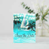 水彩画の帆船と木々とライトのSave the Date 案内ポストカード (スタンド正面)