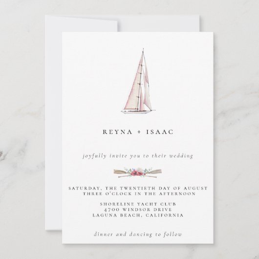 水彩画の帆船を使った海事をテーマにしたウェディング招待状 案内状 (正面)