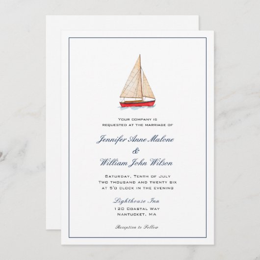 水彩画の帆船を使った海事ウェディング招待状 案内状 (正面/裏面)